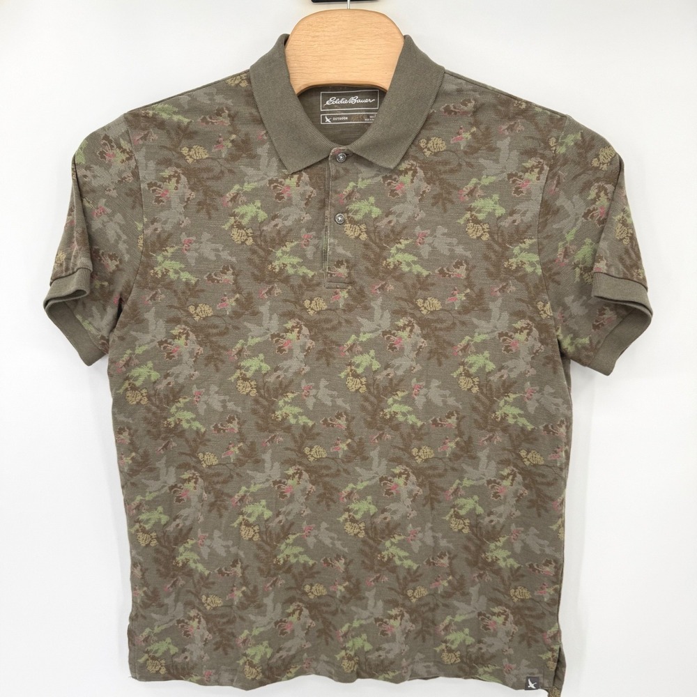Eddie Bauer Polo Shirt Men Large Olive Green Floral Outdoor Short Sleeve Cotton